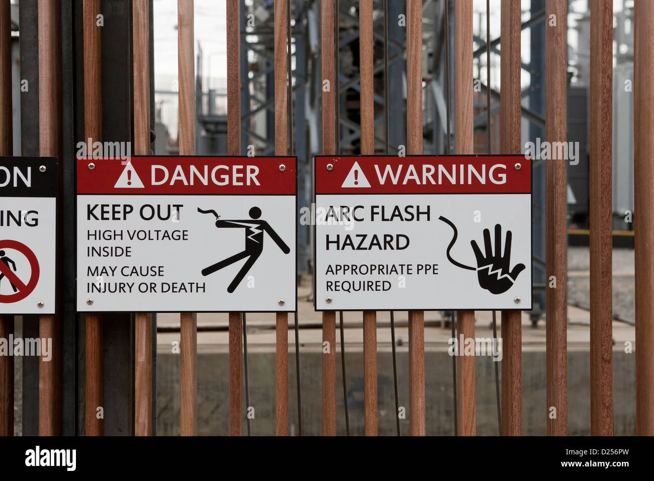 High voltage warning signs Stock Photo