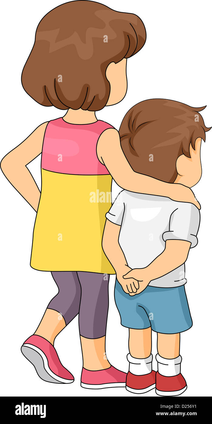 Illustration of a Boy Being Led by His Elder Sister Stock Photo - Alamy
