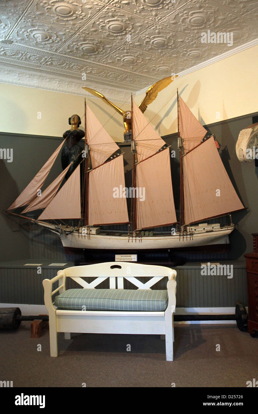 Model of a three-masted schooner at the Penobscot Marine Museum visitors center, Searsport, Maine Stock Photo