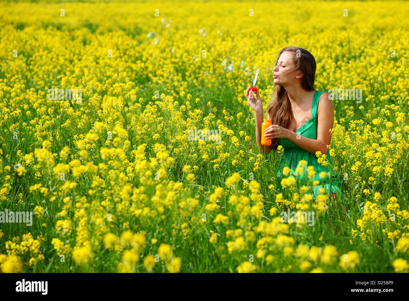 woman start soap bubbles on yellow flower field Stock Photo - Alamy