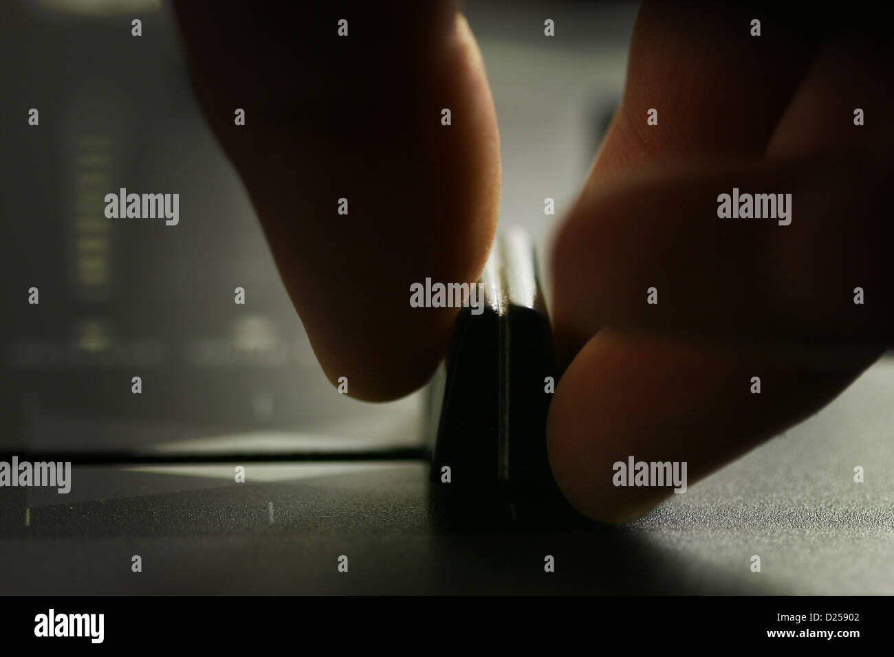 scratch battle of dj playing on his vinyls hand on Stock Photo Alamy