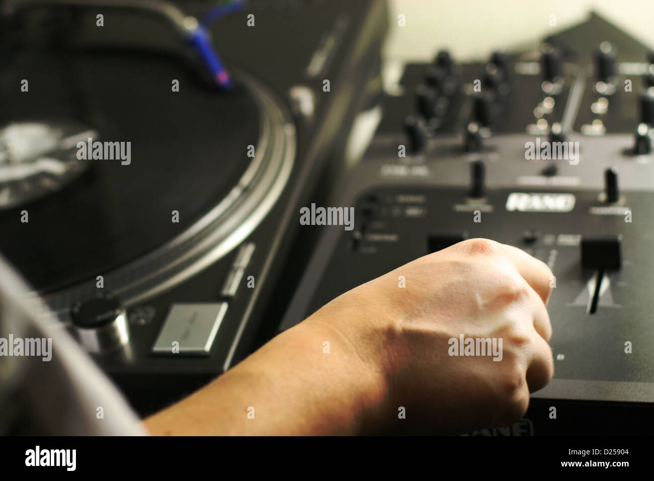 scratch battle of dj playing on his vinyls hand on Stock Photo Alamy