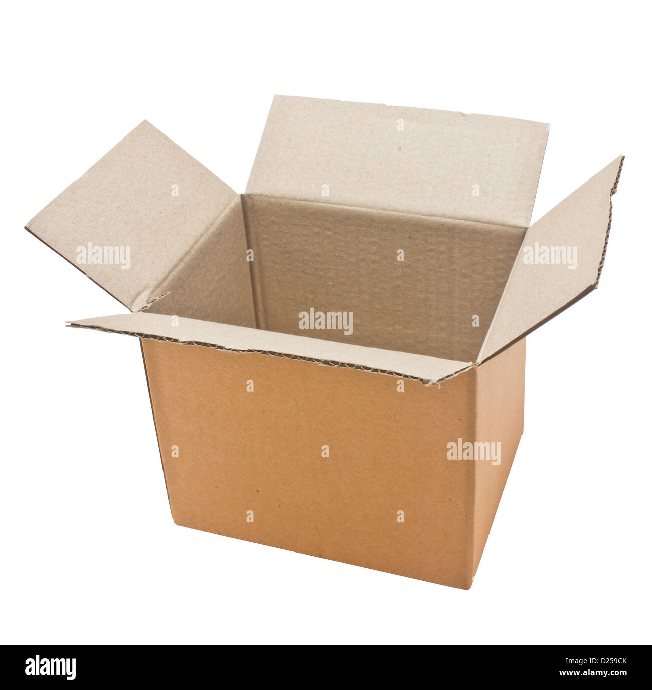 Open cardboard box isolated on white background. Stock Photo