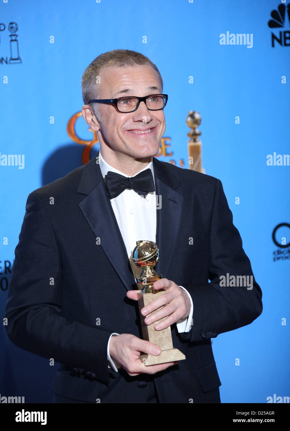 Best Actor in a Supporting Role Winner Christoph Waltz poses in the photo press room of the 70th Annual Golden Globe Awards presented by the Hollywood Foreign Press Association, HFPA, at Hotel Beverly Hilton in Beverly Hills, USA, on 13 January 2013. Photo: Hubert Boesl Stock Photo