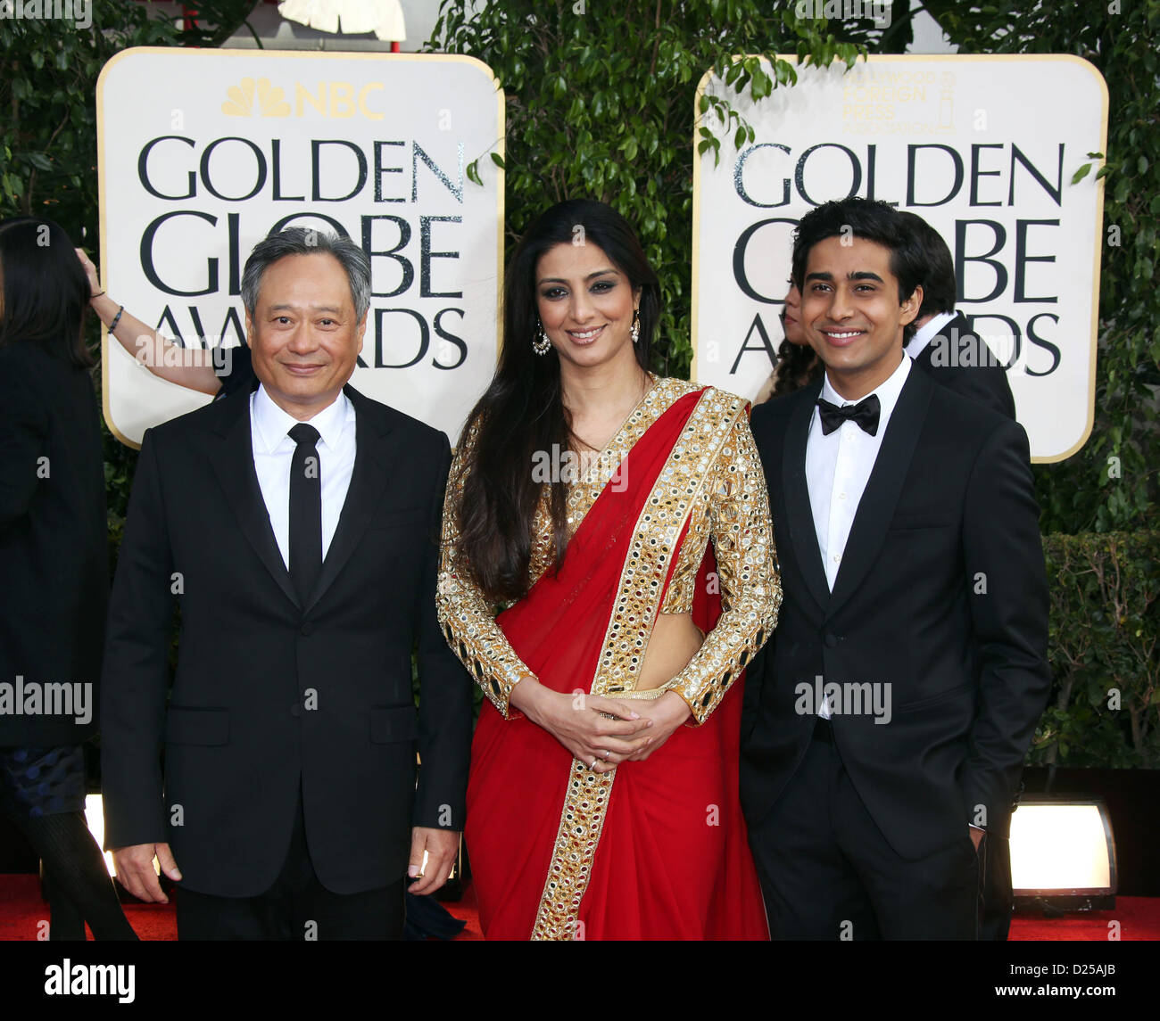 Director Ang Lee (l-r) with actors Tabu and Suraj Sharma arrive at the 70th Annual Golden Globe Awards presented by the Hollywood Foreign Press Association, HFPA, at Hotel Beverly Hilton in Beverly Hills, USA, on 13 January 2013. Photo: Hubert Boesl/dpa Stock Photo