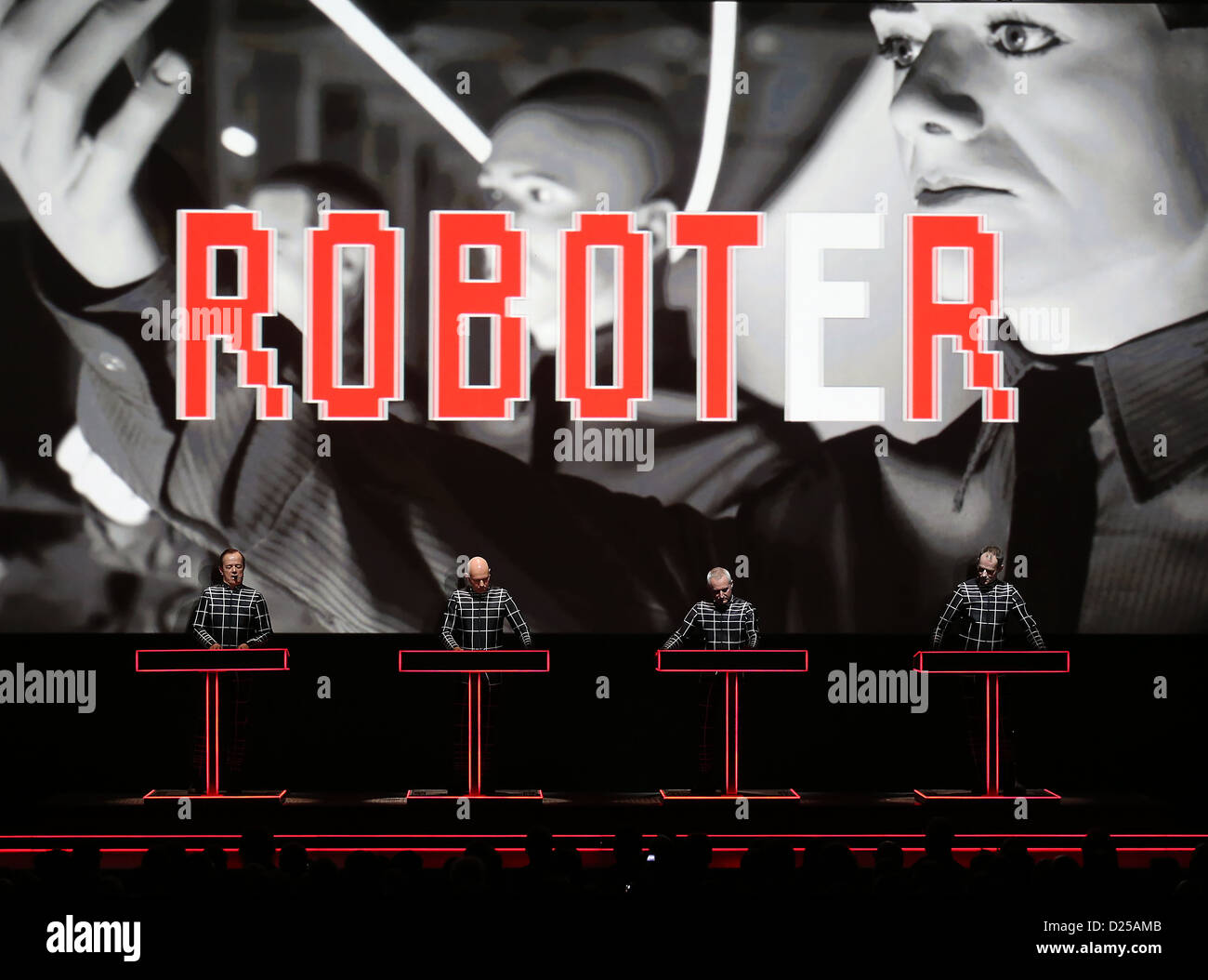 The members of the German electronic band Kraftwerk perform on stage at