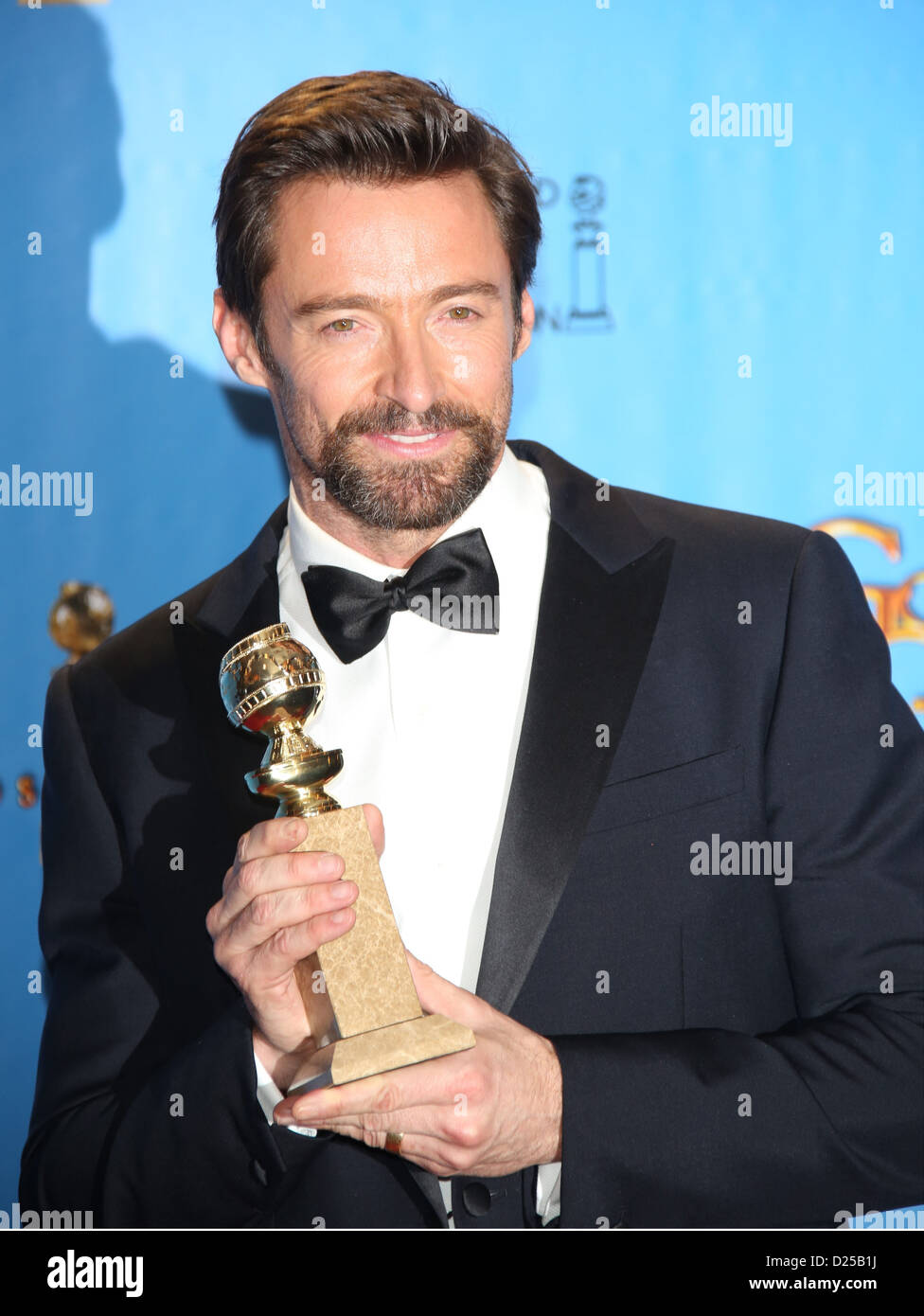 Best actor in a comedy or musical winner Hugh Jackman poses in the photo press room of the 70th Annual Golden Globe Awards presented by the Hollywood Foreign Press Association, HFPA, at Hotel Beverly Hilton in Beverly Hills, USA, on 13 January 2013. Photo: Hubert Boesl Stock Photo
