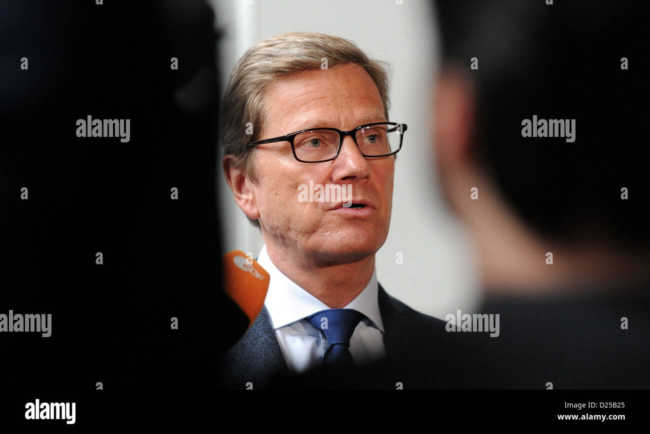 German Minister for Foreign Affairs, Guido Westerwelle (FDP) tells journalists that he wants to offer support for Mali, in Kiel, Germany, 14 January 2013. Foto: Carsten Rehder Stock Photo