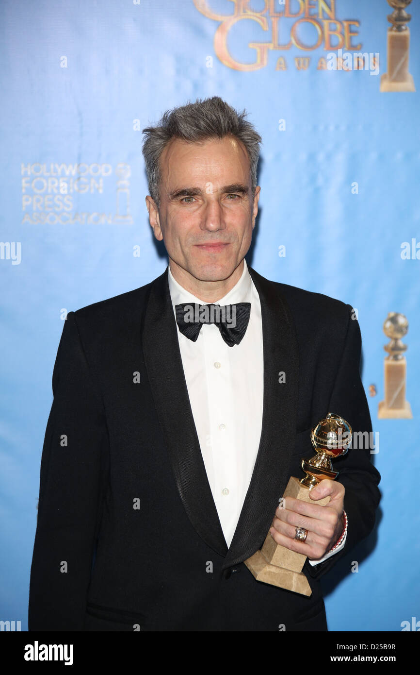 Best actor winner Daniel Day Lewis poses in the photo press room of the 70th Annual Golden Globe Awards presented by the Hollywood Foreign Press Association, HFPA, at Hotel Beverly Hilton in Beverly Hills, USA, on 13 January 2013. Photo: Hubert Boesl Stock Photo