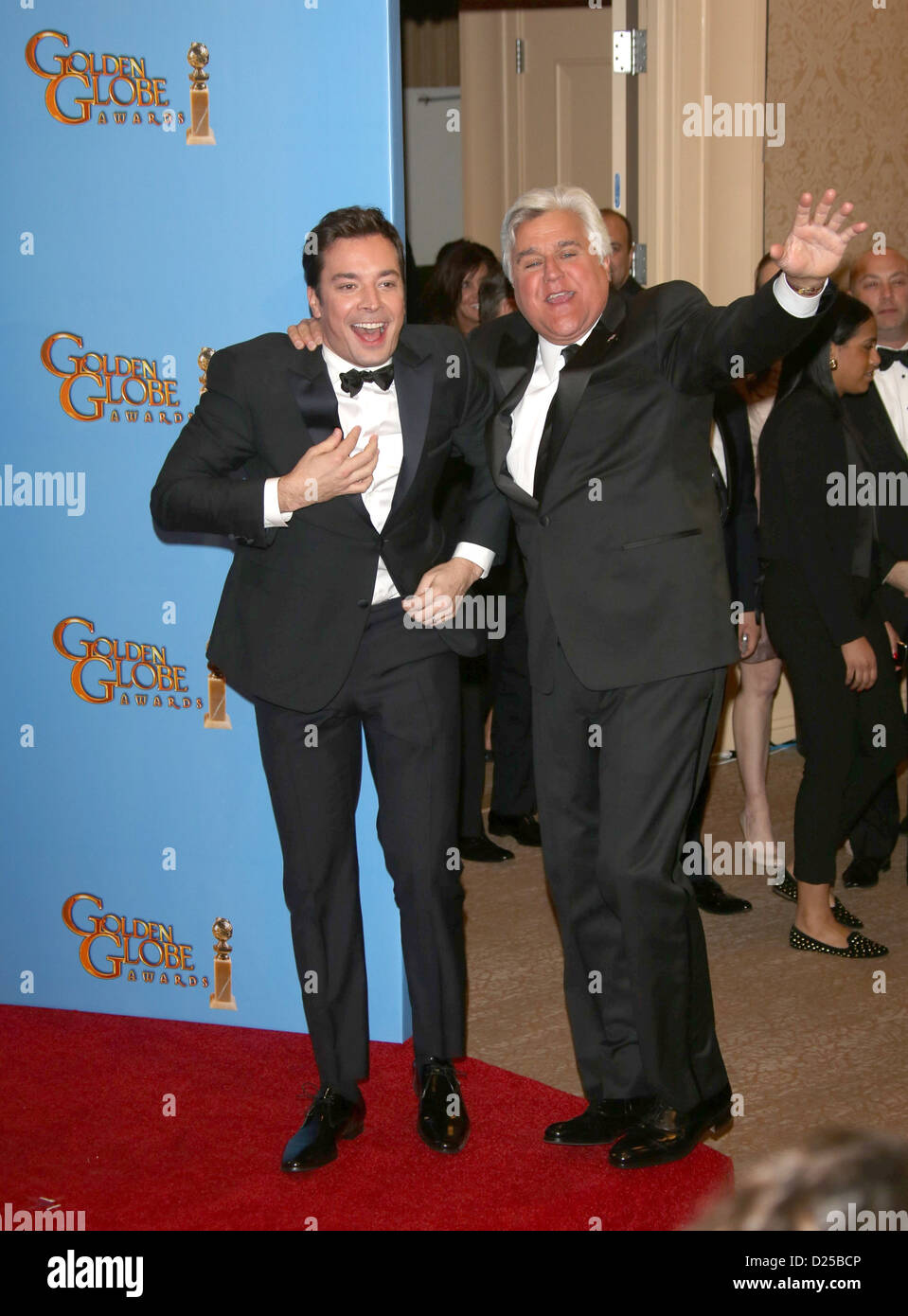 TV personalities Jay Leno and Jimmy Fallon (l) pose in the photo press room of the 70th Annual Golden Globe Awards presented by the Hollywood Foreign Press Association, HFPA, at Hotel Beverly Hilton in Beverly Hills, USA, on 13 January 2013. Photo: Hubert Boesl Stock Photo