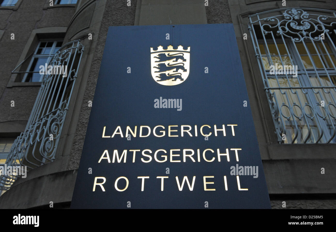 Sign 'Landgericht Amtsgericht Rottweil' stands at the entrance of district court in Rottweil, Germany, 14 January 2013. 25-years-old woman is accused of leaving her two-years-old child alone with its brothers over Pentecost 2012 for too long. Little girl starved to death. Photo: Patrick Seeger Stock Photo