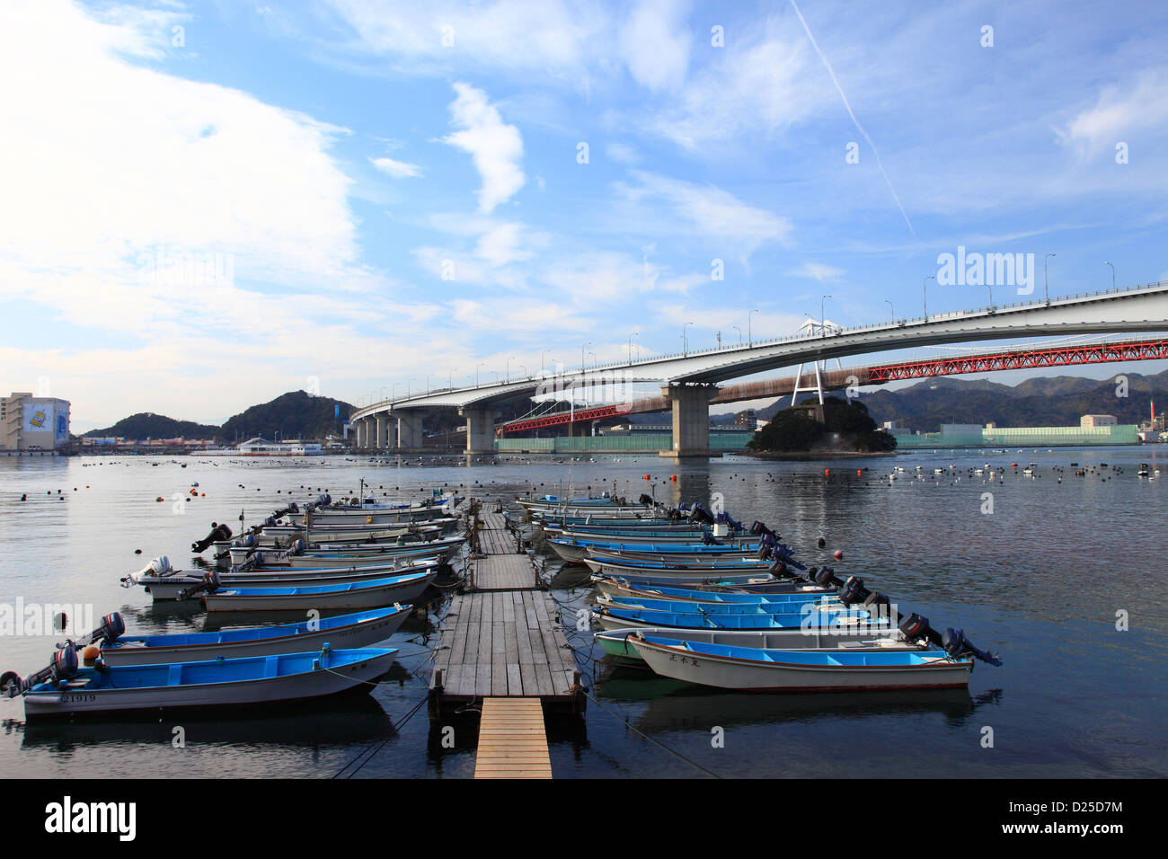 Boats and Konaruto Bridge, Tokushima Prefecture Stock Photo