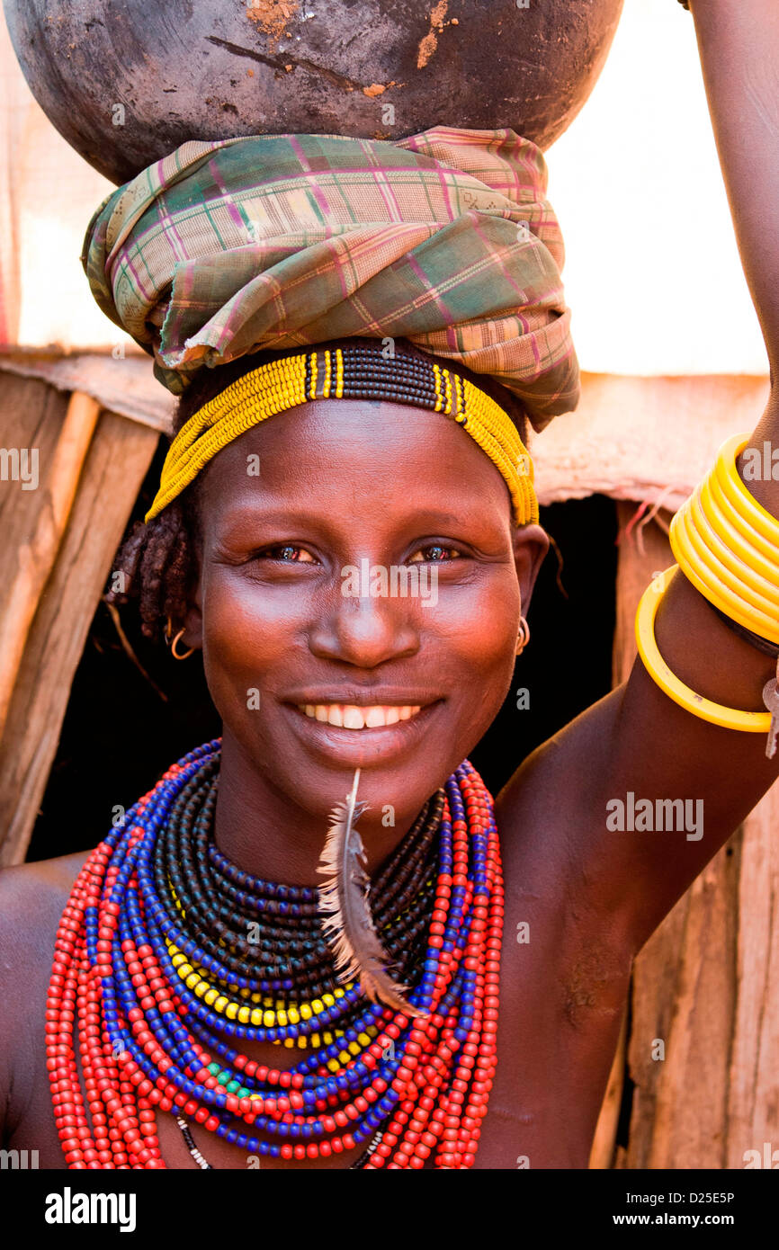 Portrait of a Dassanech / Galeb tribeswoman at a tribal village near Omorate in the Lower Omo Valley, Ethiopia, Africa. Stock Photo
