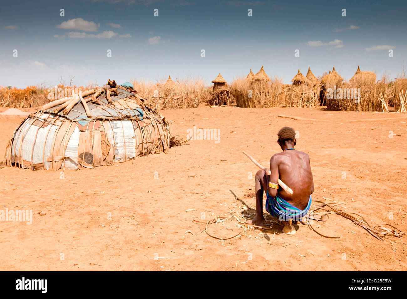 Landscape of a traditional Dassanech / Galeb tribal village near Omorate in the Lower Omo Valley, Ethiopia, Africa. Stock Photo