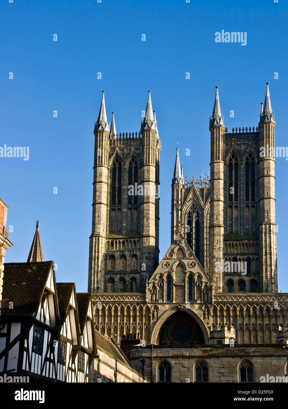 Lincoln Cathedral Exchequer Gate and half-timbered houses Lincolnshire England Europe Stock Photo