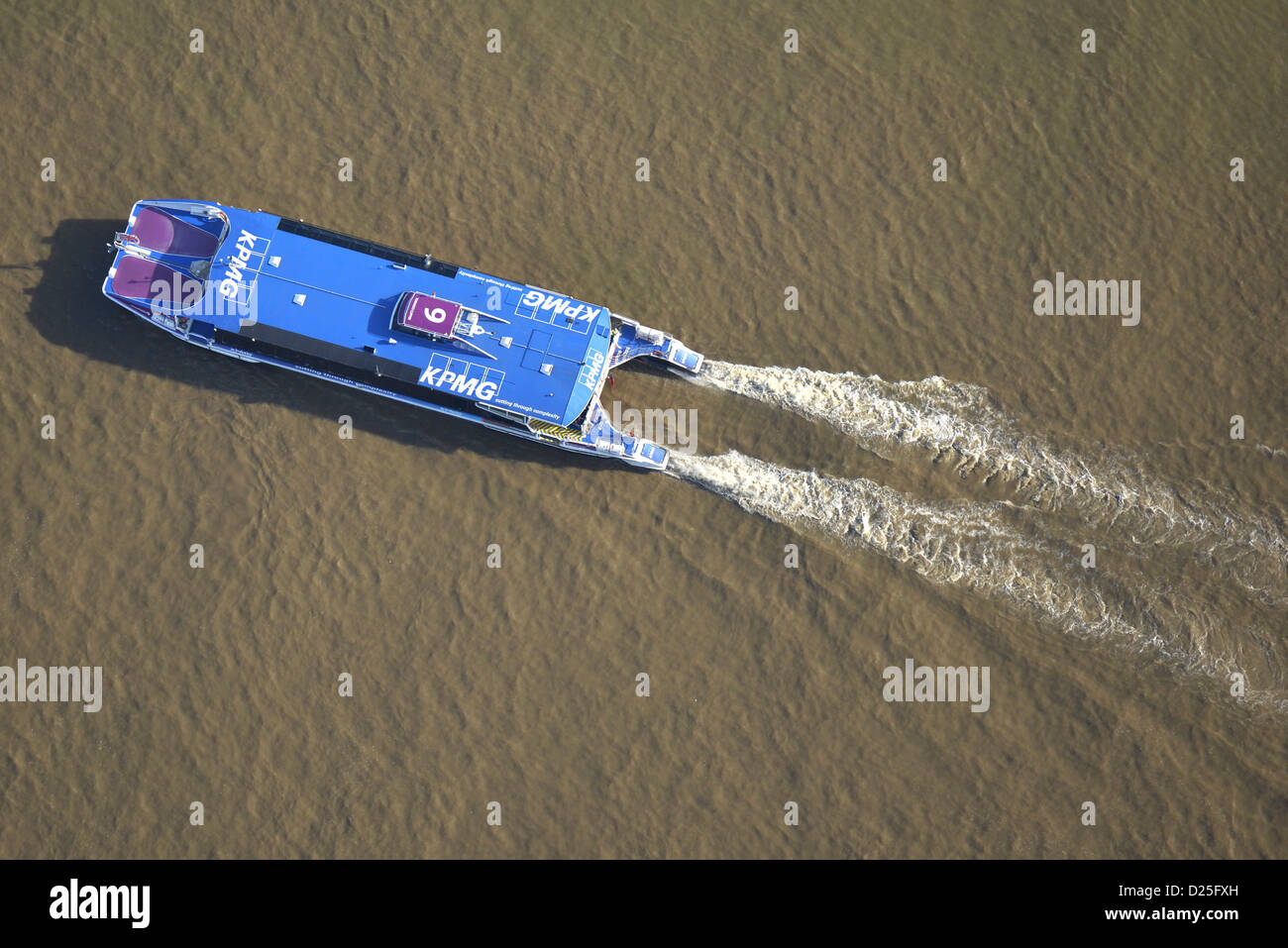 Aerial photograph of boat on river Thames Stock Photo
