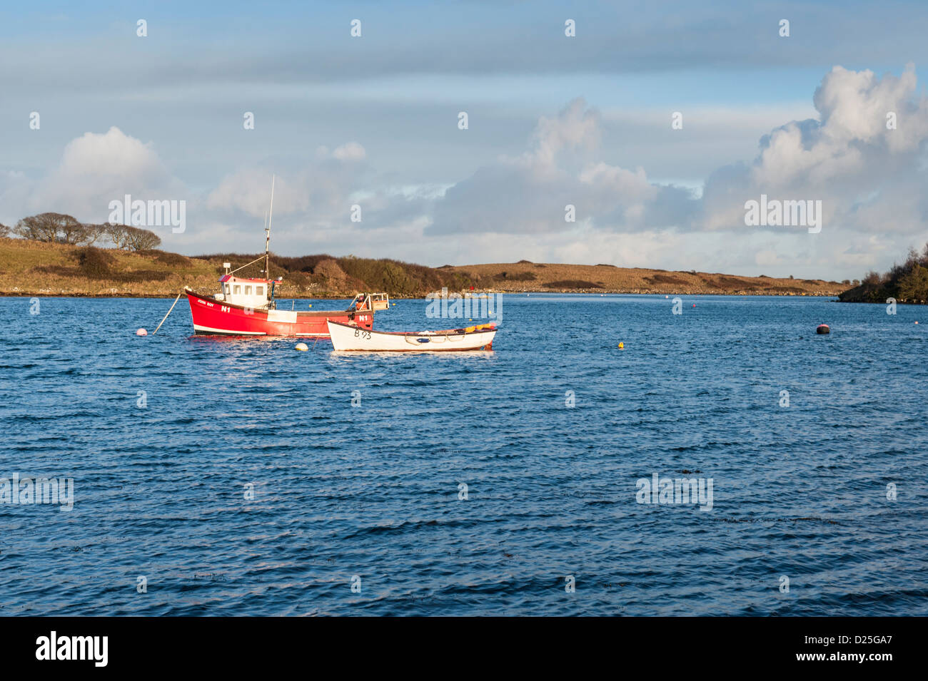 Boats moored at Whiterock, Co Down, Northern Ireland on a sunny winter's day. Stock Photo