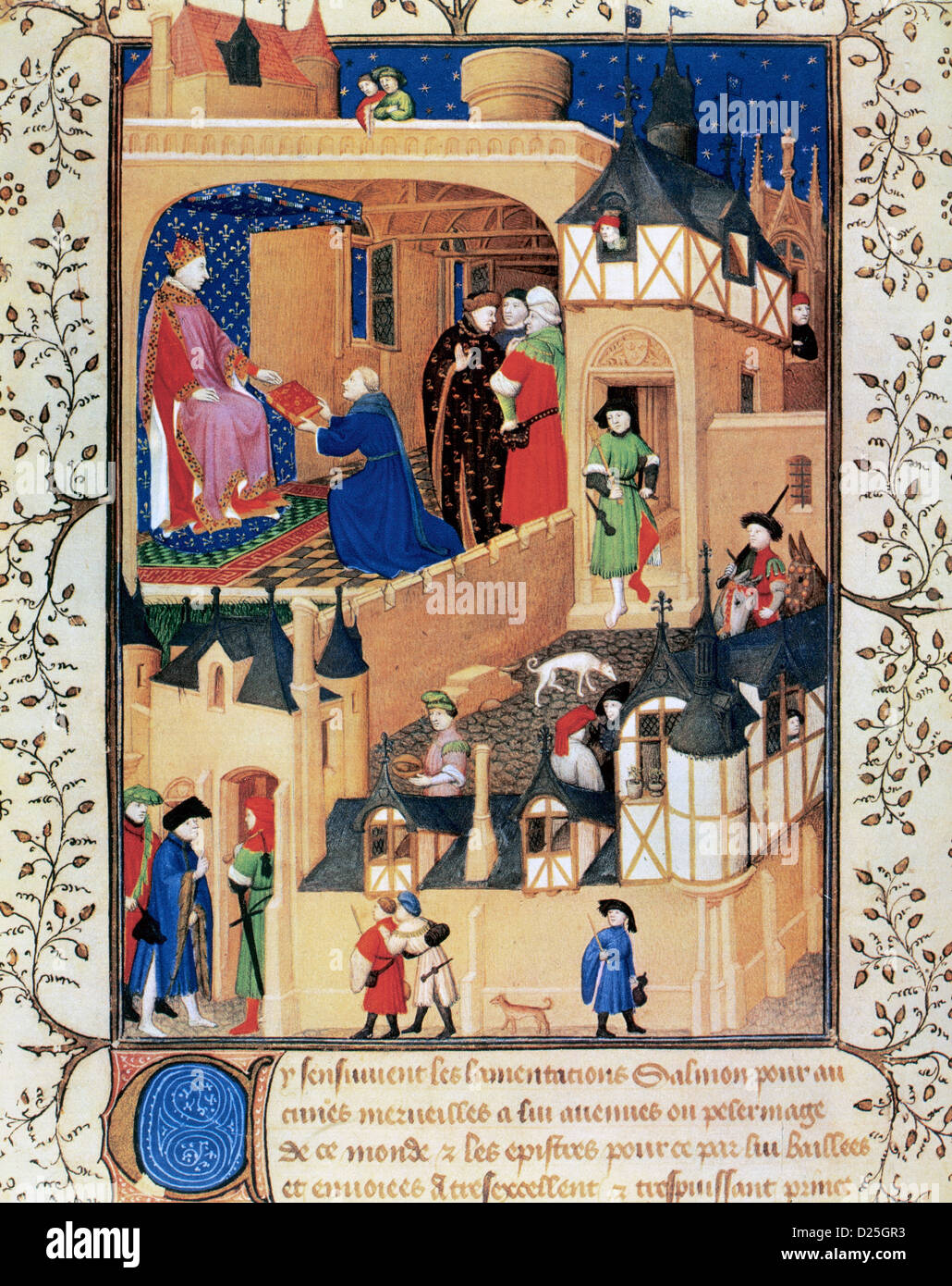 Pierre Salmon presents the manuscript to king Charles VI the Beloved. Miniature. 15th century. France National Library. Stock Photo