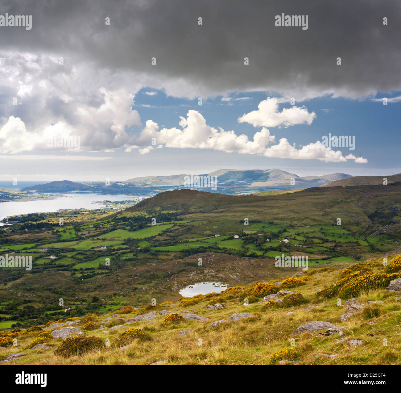 View south-westwards from Hungry Hill, Beara, County Cork, Ireland, over Bere Island to the Atlantic Ocean Stock Photo