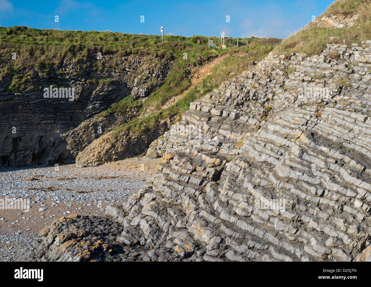 Thinly-bedded silicified Silurian limestones forming cliffs between Portrane and Donabate, County Dublin, Ireland Stock Photo