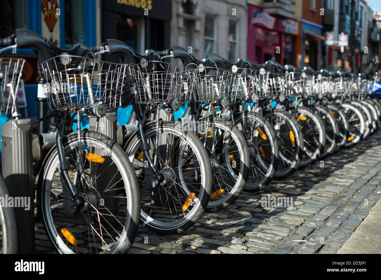 Row of Dublinbikes bicycles ready for use In Temple Bar Dublin Ireland