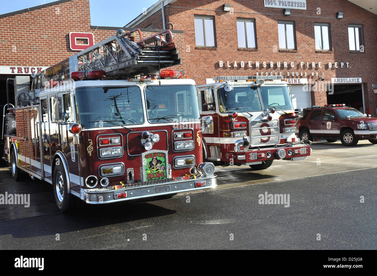 firetrucks outside the Bladensburg Volunteer Fire Department in Bladensburg, Maryland Stock