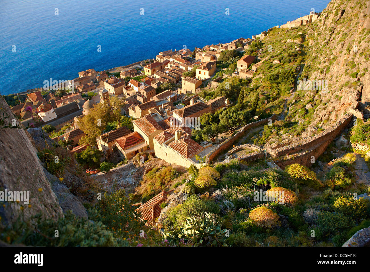 Arial view of Monemvasia Byzantine Island castle town with acropolis on the plateau. Peloponnese, Greece Stock Photo