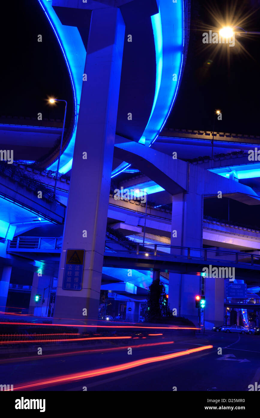 Shanghai City night streetscape photography of highway with blue neon light. Stock Photo