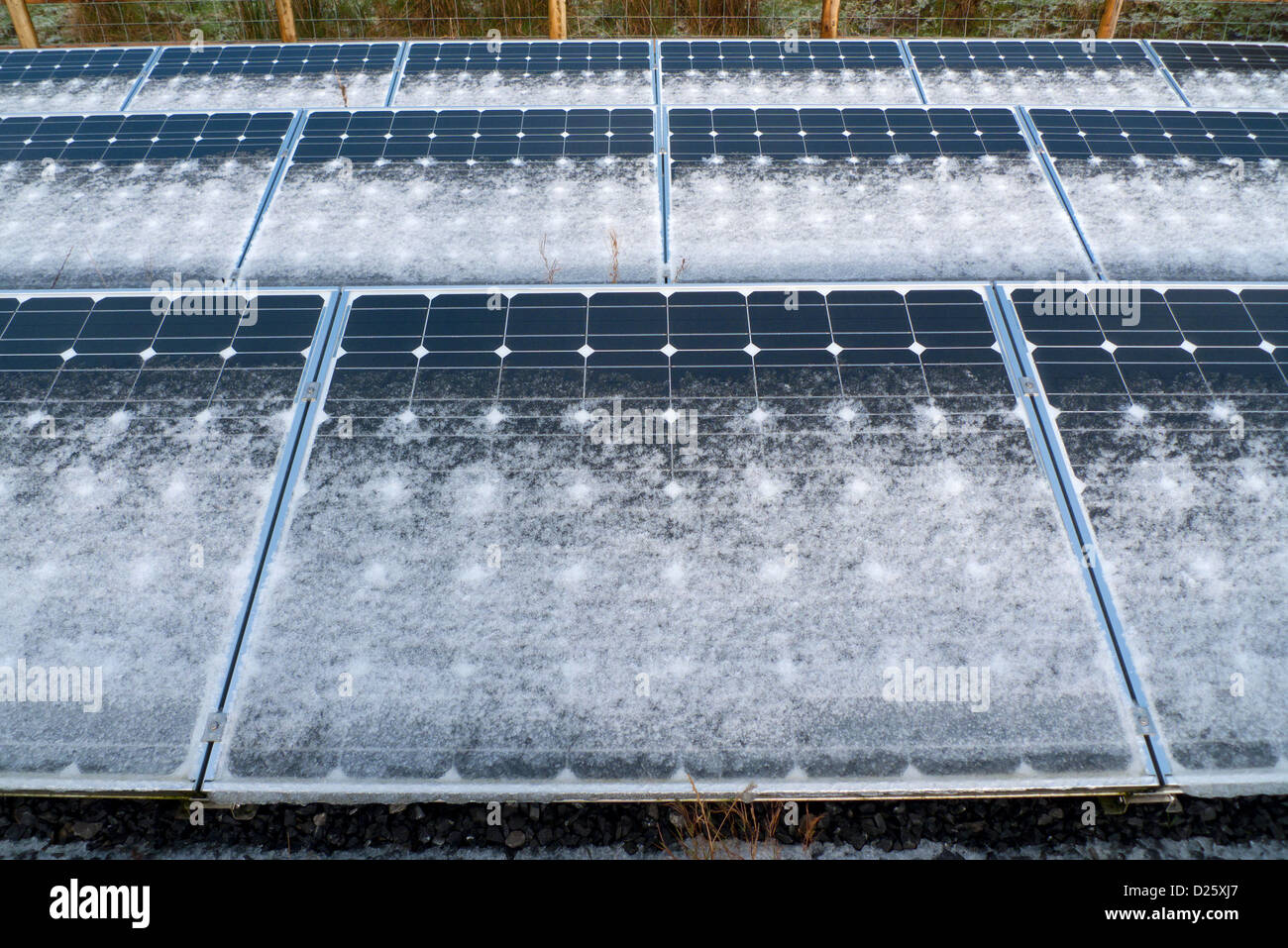 Snow frost on free standing ground mounted solar panels panel  on smallholding in winter on smallholding in countryside West Wales UK   KATHY DEWITT Stock Photo