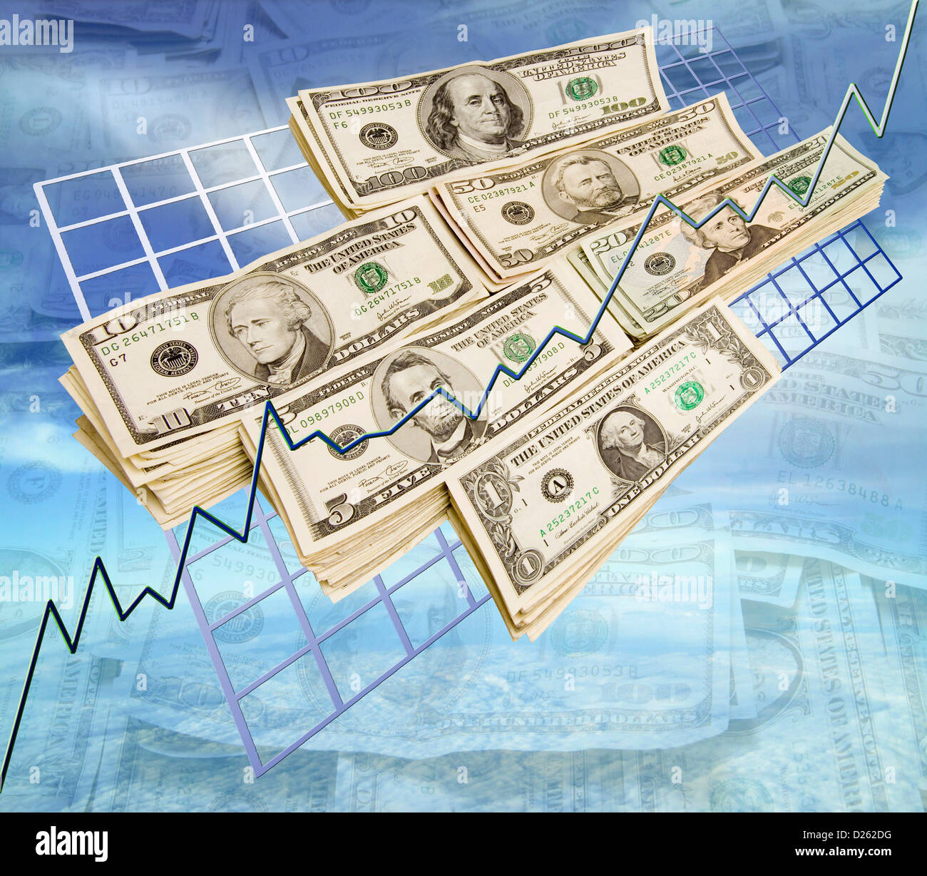 Paper money on a graph in the sky Stock Photo