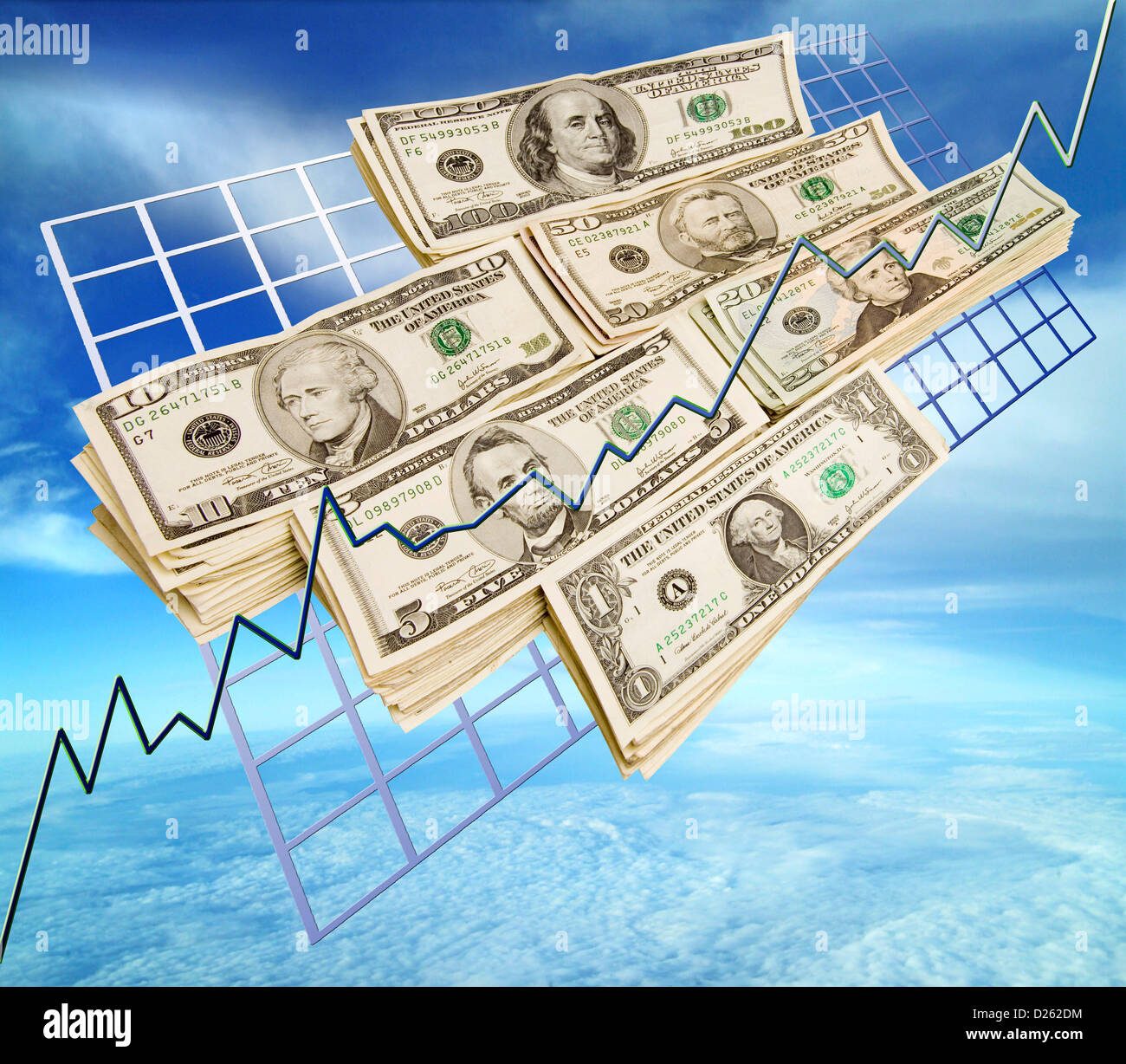 Paper money on a graph in the sky Stock Photo