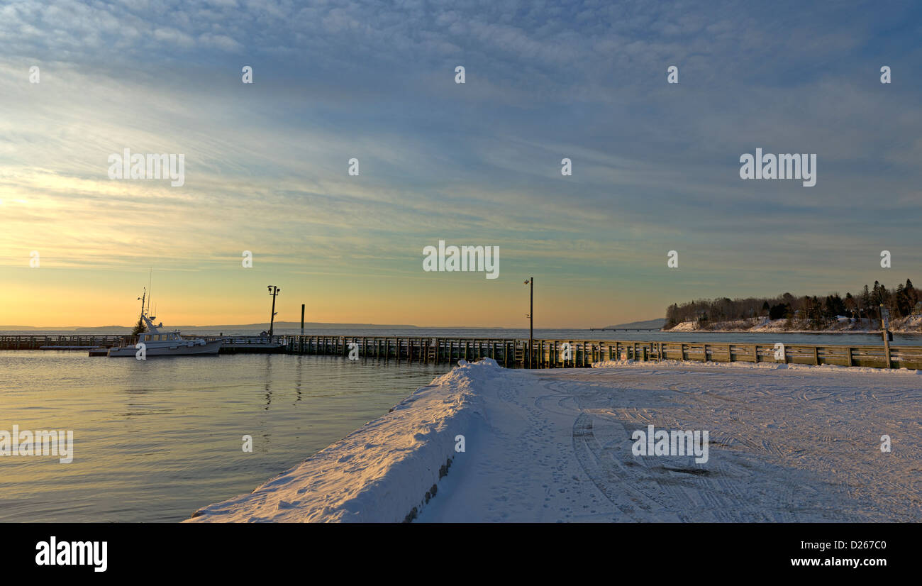 View of the Searsport Maine town pier and parking lot in the early