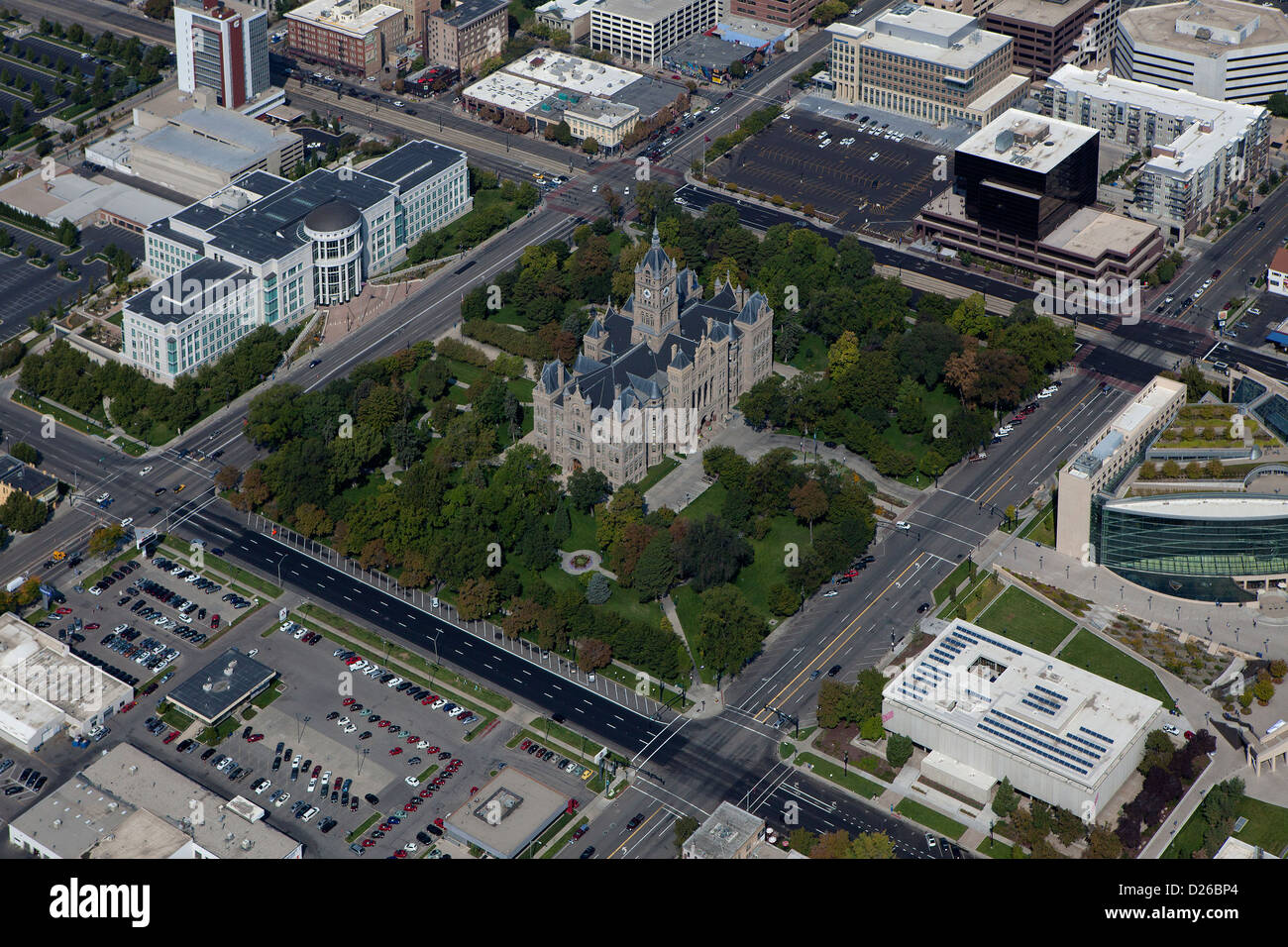 aerial photograph Salt Lake City and County Building, Washington Square, Supreme Court, Salt Lake City, Utah Stock Photo