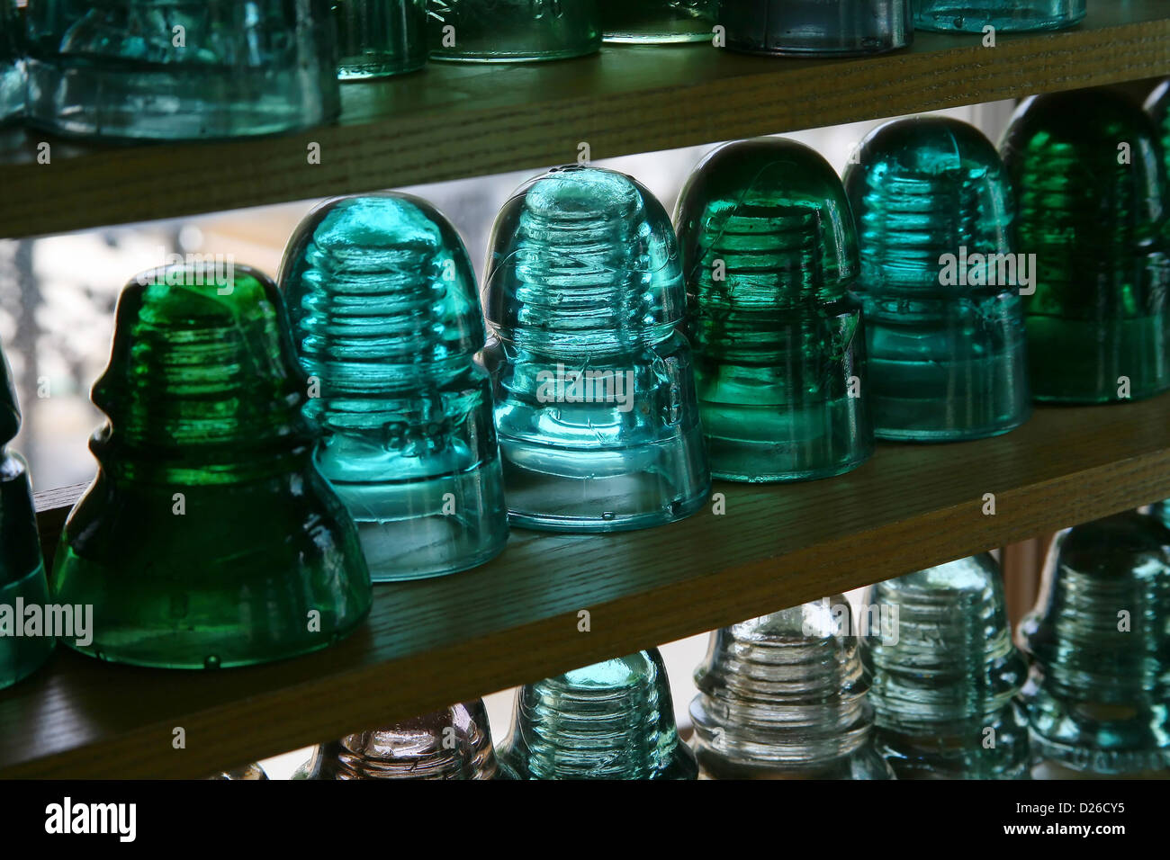 Glass telephone insulator display Stock Photo