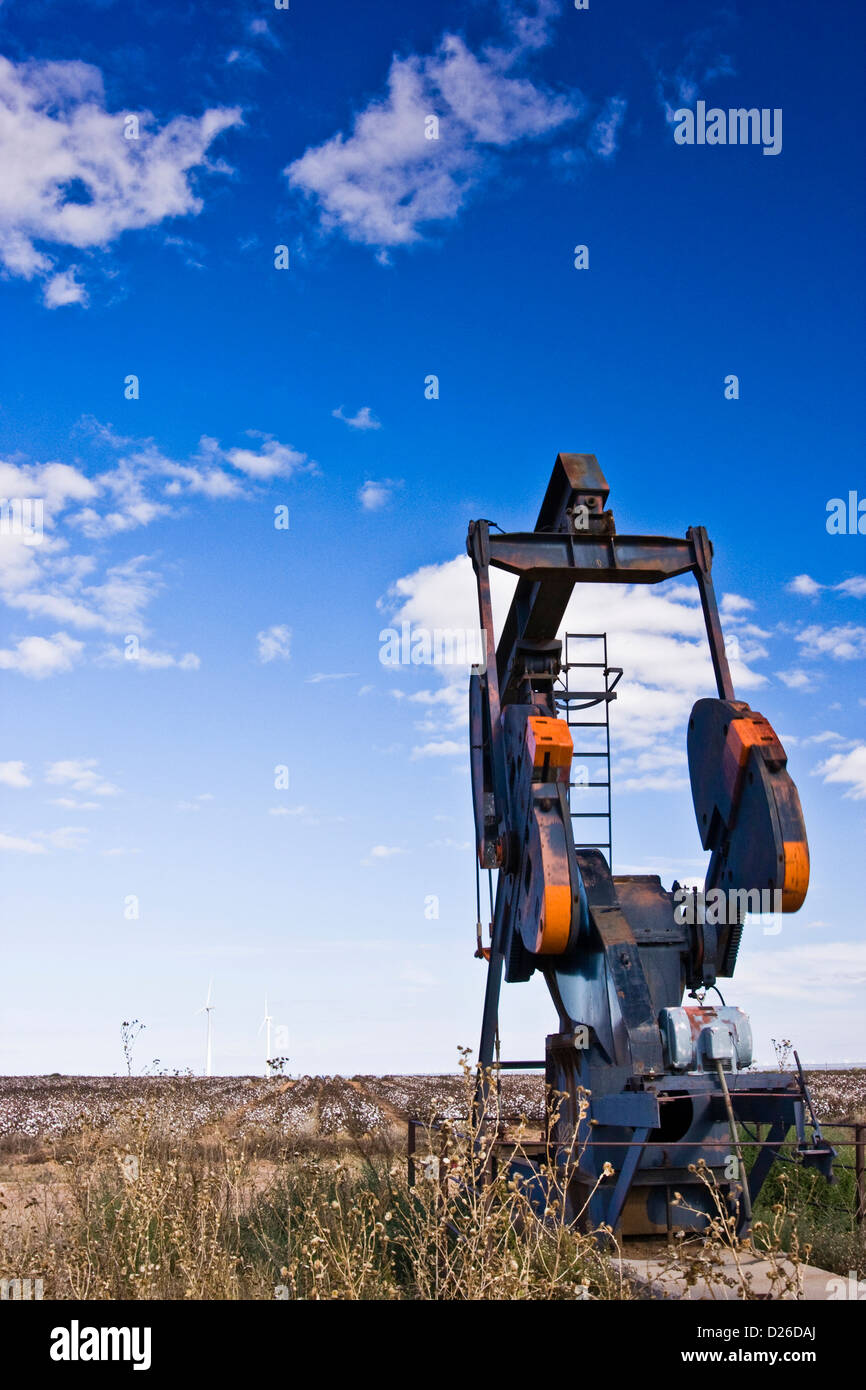 Oil wells near Odessa, Texas extract oil, also known as 'Texas Tea' , from a Permian Basin sight. Stock Photo