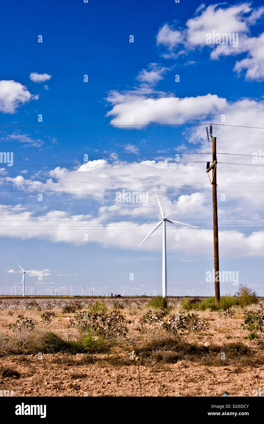 In West Texas transmission power lines hookup wind turbines to the Texas electrical power grid. Stock Photo