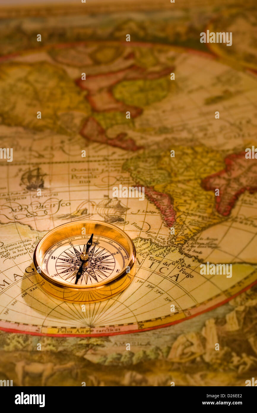 Compass and Antique Map Stock Photo - Alamy