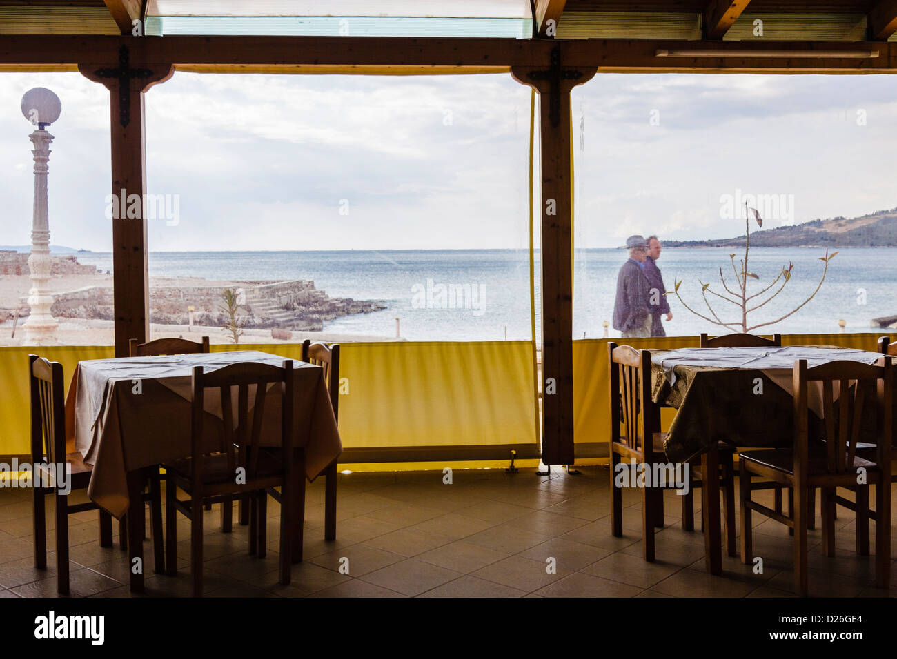 Off season empty seafood restaurant with Ionian Sea view in Ksamil, Sarande, Albania. Stock Photo