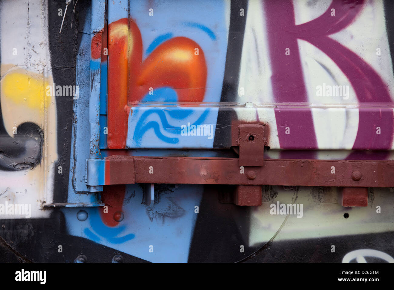 Colorful train graffiti in a close-up shot Stock Photo