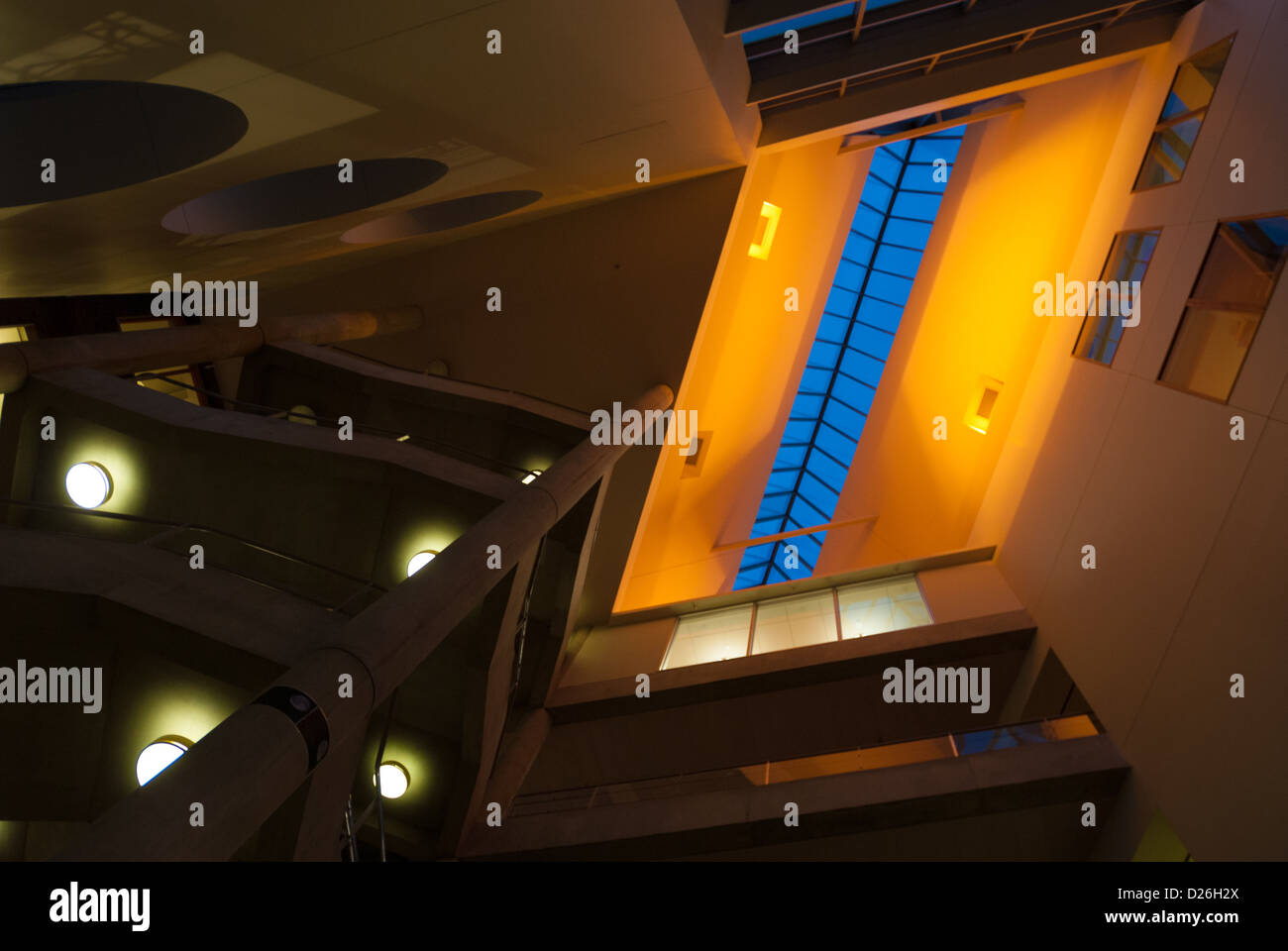 Atrium of the Massachusetts Institute of Technology's Building E25 at Dusk Stock Photo