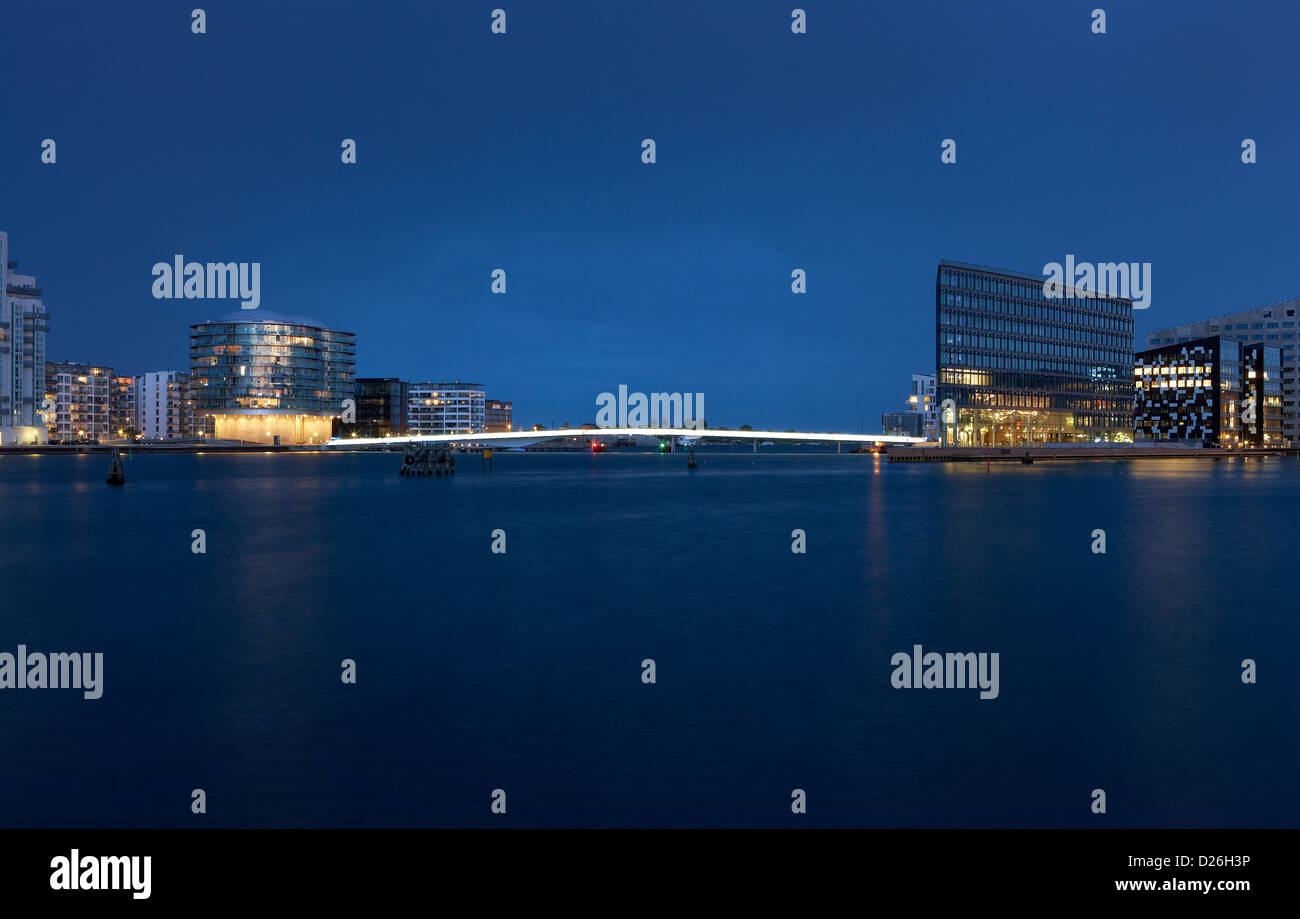 Copenhagen, Denmark, the illuminated bridge at Islands Brygge evening