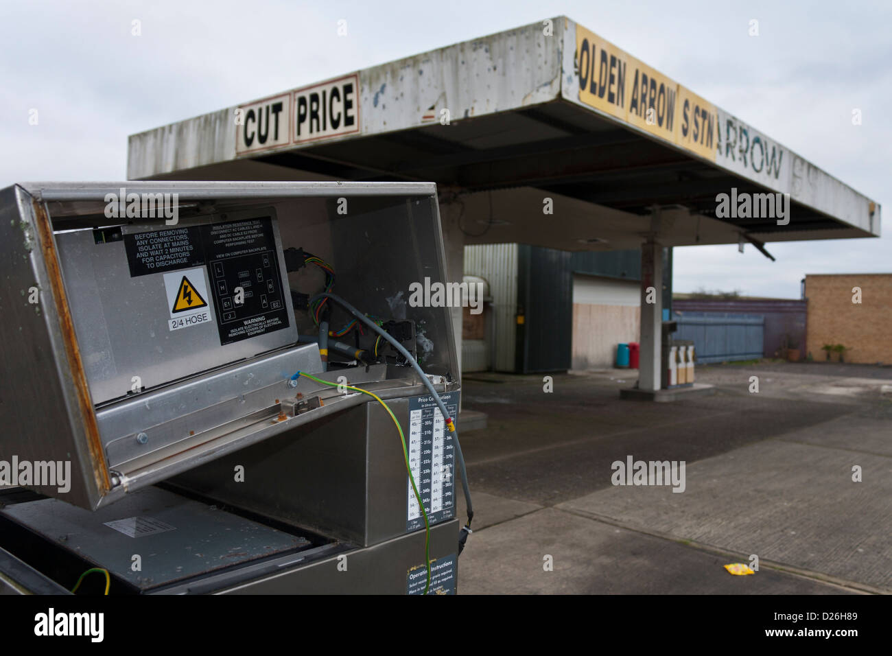 Detail of broken petrol pump in abandoned, derelict filling station, closed for business. Stock Photo