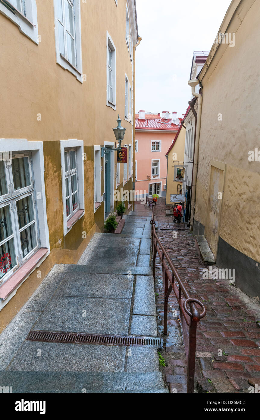 Side street with art and handicraft shops in Old Town Tallinn in Estonia Stock Photo