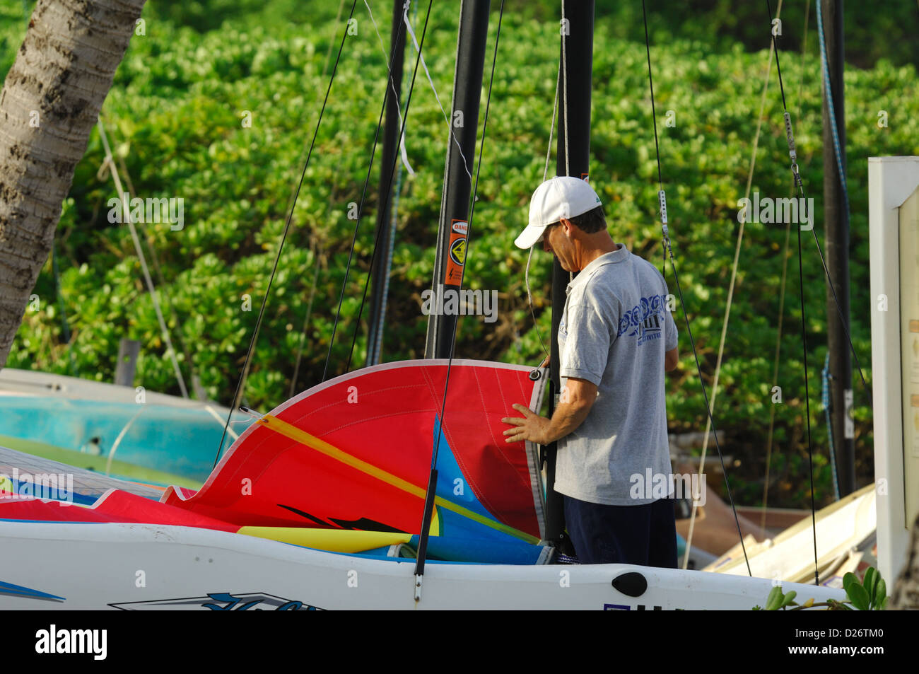 Rigging a catamaran at the Grand Wailea Hotel, Maui Hawaii Stock Photo