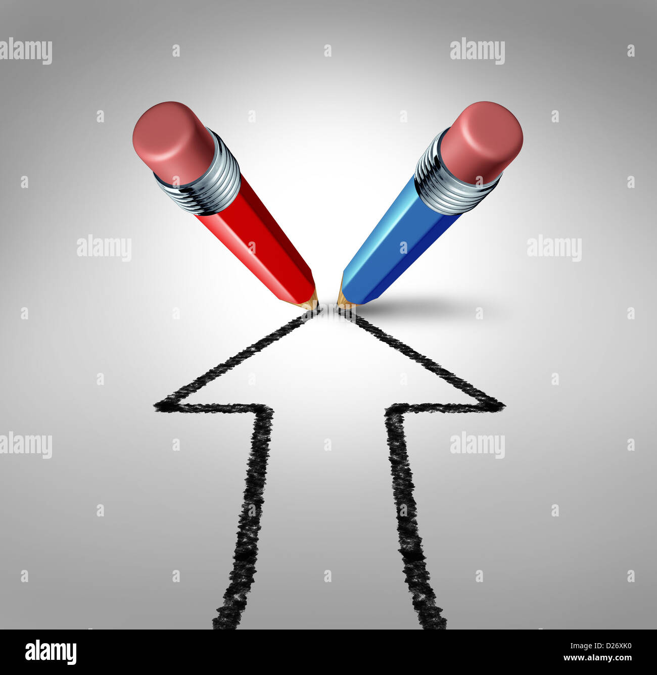Group goals and joining forces together as a team partnership for business success as a red and blue pencil drawing an arrow Stock Photo