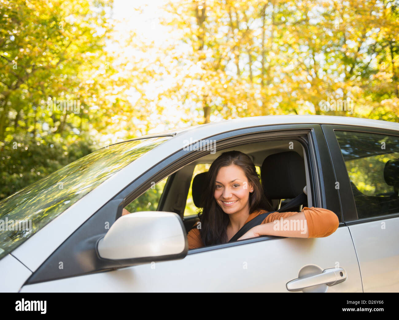 USA, Connecticut, Newtown, Woman driving car Stock Photo