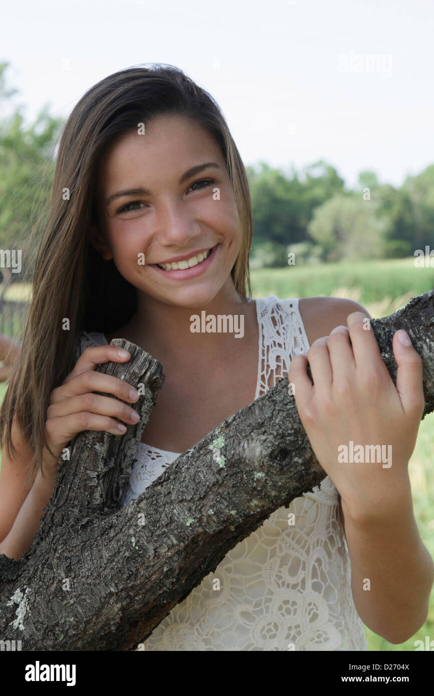 USA, New Jersey, Old Wick, Outdoor portrait of smiling girl (12-13) Stock Photo