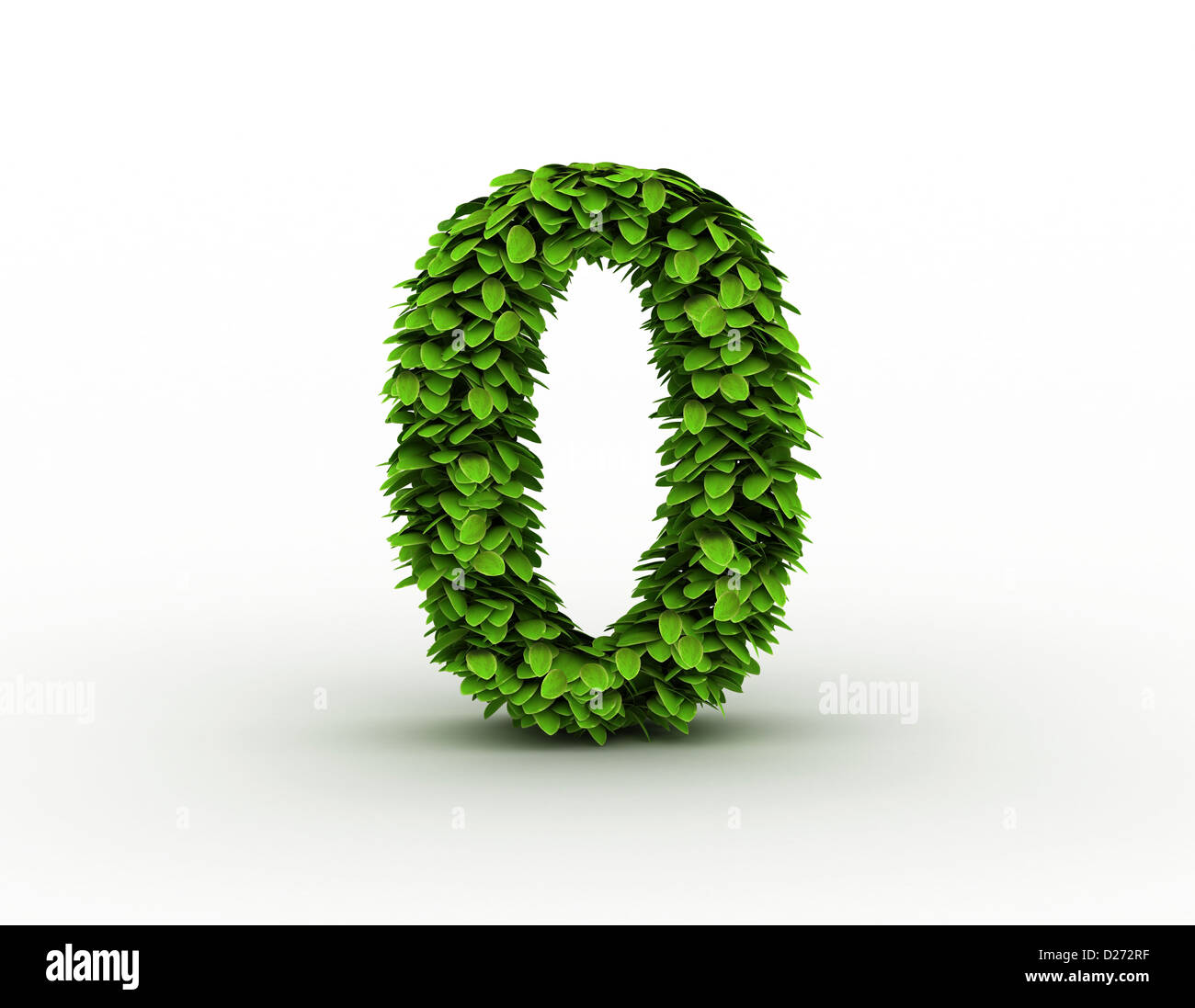 Number 0, alphabet of green leaves isolated on white background, lowercase Stock Photo