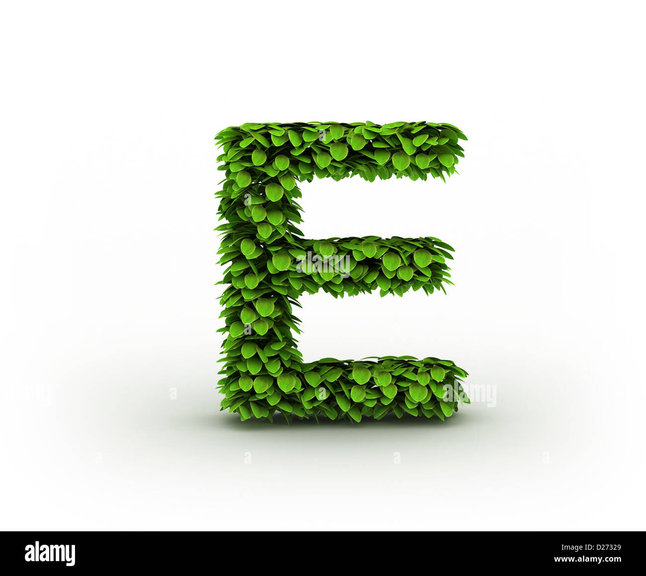 Letter e, alphabet of green leaves isolated on white background, lowercase Stock Photo