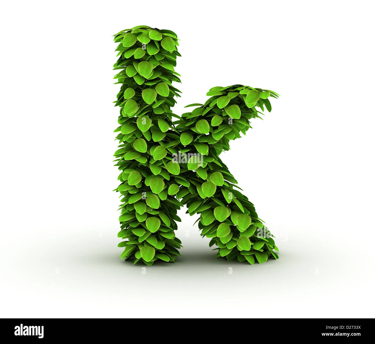 Letter k, alphabet of green leaves isolated on white background, lowercase Stock Photo